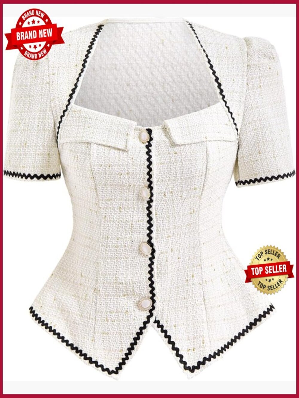 Puff Sleeve Tweed Blouse Elegant Button Down Business Casual Top